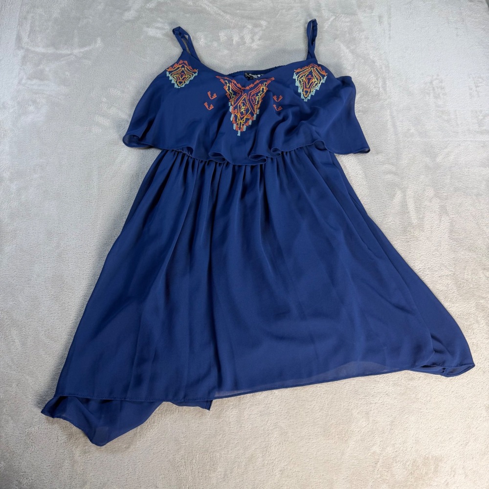Sequin Hearts Embroidered Dress Womens Large Navy Blue Chiffon High Low Boho